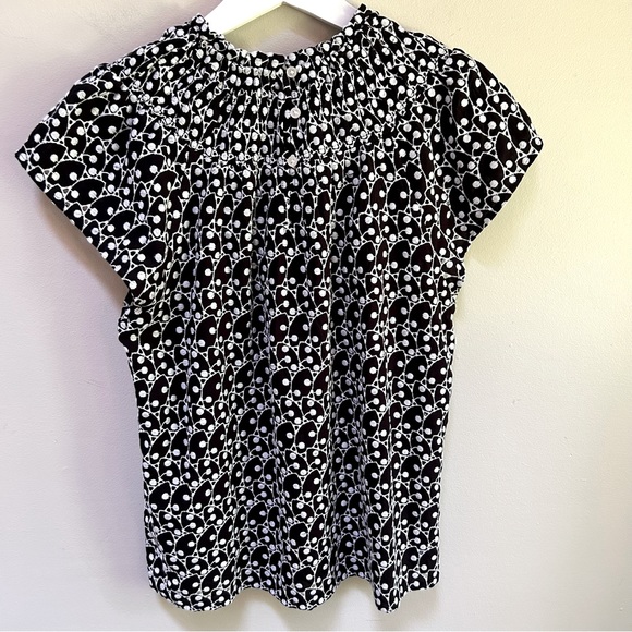 Loft ~ Embroidered Eyelet High Ruffle Neck Smocked Short Sleeve Top in Medium - Picture 12 of 13